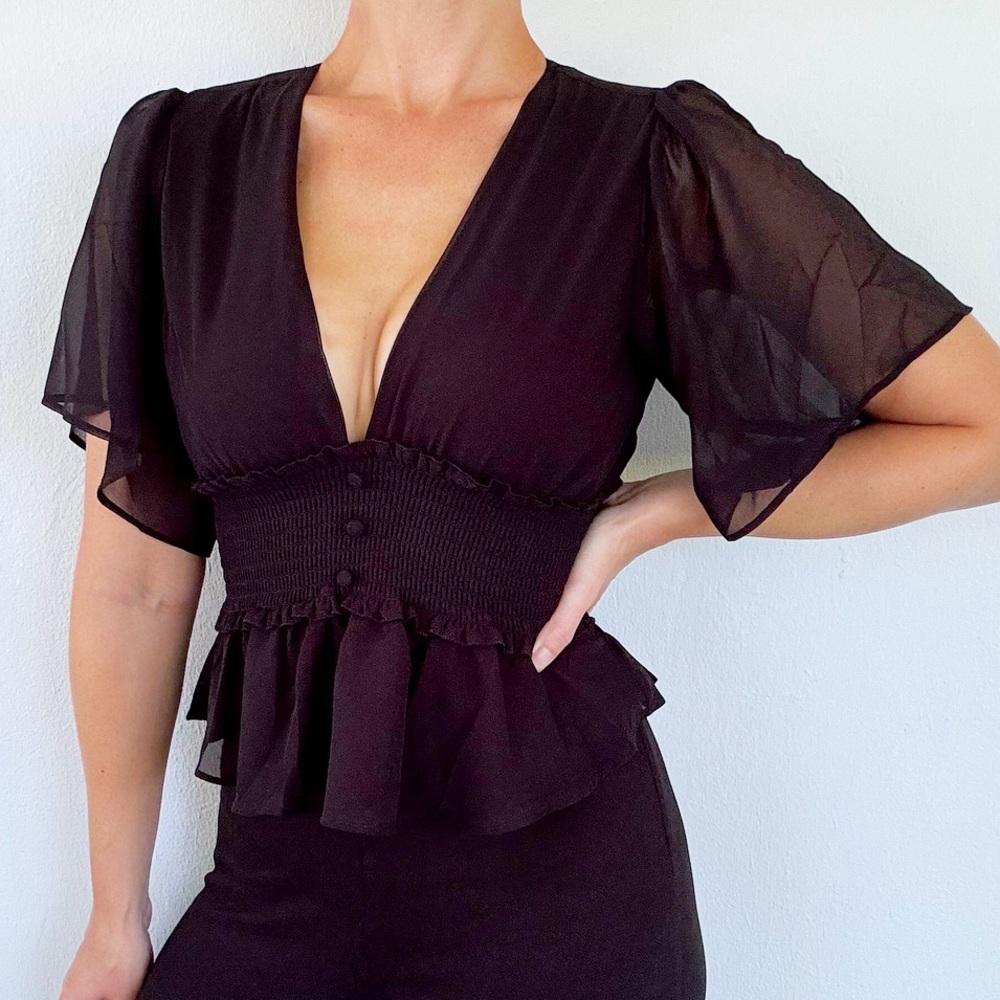 Shinestar black layered chiffon deep-v smocked button waist blouse size small
